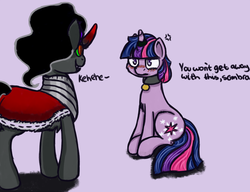 Size: 1000x766 | Tagged: artist needed, safe, king sombra, twilight sparkle, pony, unicorn, g4, blushing, collar, dusk shine, female, femdom, frown, glare, horn, horn ring, laughing, magic suppression, male, malesub, pet tag, queen umbra, rule 63, ship:twibra, ship:umbrashine, sitting, slave, smiling, stallion in distress, straight, submissive