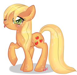 Size: 788x774 | Tagged: dead source, safe, artist:suzuii, applejack, g4, :p, bedroom eyes, blushing, female, looking at you, loose hair, raised hoof, solo, tongue out, wet, wet mane, wink