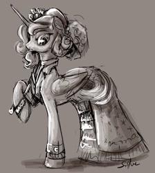 Size: 1280x1426 | Tagged: safe, artist:silfoe, princess luna, lunadoodle, g4, clothes, dress, female, monochrome, solo, umbrella, victorian