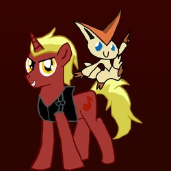 Size: 3000x3000 | Tagged: safe, artist:robbobjablo, artist:thewatchfulpony, oc, oc:firebrand, victini, crossover, high res, josh scorcher, pokémon, the fiery joker