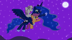 Size: 2326x1315 | Tagged: safe, artist:majkashinoda626, princess luna, scootaloo, sweetie belle, g4, carrying, eyes closed, flying, happy, moon, night, open mouth, pointing, ponies riding ponies, riding, sky, smiling, spread wings, stars