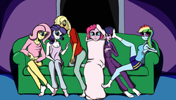 Size: 2520x1440 | Tagged: safe, artist:aaronmk, applejack, fluttershy, pinkie pie, rainbow dash, rarity, twilight sparkle, human, equestria girls, g4, :p, blonde hair, blue eyes, cleavage, clothes, couch, disgusted, female, foot on face, freckles, frown, glare, green eyes, gym shorts, happy, indoors, light skin, mane six, midriff, multicolored hair, orange skin, pajamas, pink eyes, pink hair, pink skin, purple eyes, purple hair, purple skin, rainbow douche, rainbow hair, shirt, shorts, sitting, sleepover, smelly feet, smiling, socks, t-shirt, tank top, teasing, tongue out, tracksuit, turquoise eyes, yellow skin