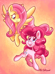 Size: 500x674 | Tagged: safe, artist:shellsweet, fluttershy, pinkie pie, earth pony, pegasus, pony, g4, duo, female, flower, flower in hair, hair over one eye, looking at each other, mare, smiling, spread wings, wings