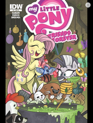 Size: 768x1024 | Tagged: safe, idw, official comic, angel bunny, fluttershy, zecora, zebra, friends forever, g4, spoiler:comic, spoiler:comicff5, angel is a bunny bastard, comic cover