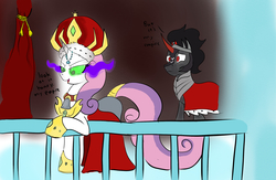 Size: 2540x1660 | Tagged: safe, artist:frikdikulous, king sombra, sweetie belle, pony, unicorn, g4, bad end, bad future, balcony, bell, bevor, chestplate, clothes, colored, colored horn, corrupted sweetie belle, croupiere, crown, crystal palace, curtains, curved horn, dark magic, dialogue, duo, female, future, gardequeue, grogar's bell, helmet, horn, jewelry, king sideburns, magic, male, mare, older, older sweetie belle, peytral, queen sweetie belle, questionable shipping, regalia, request, robe, shoes, sketch, sombra eyes, sombra horn, sombra's robe, sombrabelle, stallion, text, tiara, tumblr:ask king sombra and queen sweetie belle