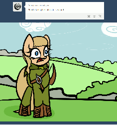 Size: 800x850 | Tagged: safe, artist:slavedemorto, oc, oc only, oc:backy, animated, clothes, d:, legolas, lord of the rings, open mouth, solo, they're taking the hobbits to isengard, tumblr, wide eyes, wigglepic