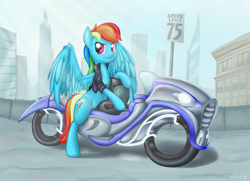 Size: 5100x3688 | Tagged: safe, artist:hirurux, rainbow dash, pegasus, pony, g4, city, cityscape, clothes, female, jacket, motorcycle, solo