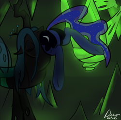 Size: 975x969 | Tagged: safe, artist:deagon grass, princess luna, queen chrysalis, pony, g4, butt, chrysalispred, cocoon, female, fetish, hooves, lunaprey, mare, moonbutt, plot, soft vore, underhoof, vore