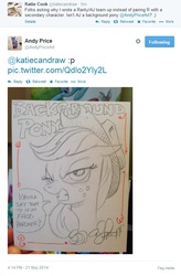 Size: 547x833 | Tagged: safe, artist:andypriceart, idw, applejack, g4, andy price, andy you magnificent bastard, background pony, background pony applejack, katie cook, text, twitter, word of price