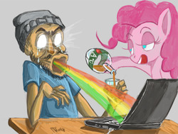 Size: 775x585 | Tagged: safe, artist:psykong, pinkie pie, earth pony, human, pony, g4, computer, context is for the weak, duo, female, glowing eyes, laptop computer, male, rainbow, signature, wat, white eyes