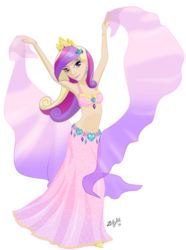 Size: 400x539 | Tagged: safe, artist:zellykat, princess cadance, human, g4, armpits, bedroom eyes, belly button, belly dancer, belly dancer outfit, bikini top, clothes, female, humanized, jewelry, long skirt, looking at you, midriff, nail polish, simple background, skirt, smiling, solo, tiara, transparent background