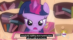 Size: 636x351 | Tagged: safe, screencap, twilight sparkle, g4, magical mystery cure, book, crown, element of generosity, element of laughter, elements of harmony, female, golden oaks library, hub logo, meme, solo, youtube caption