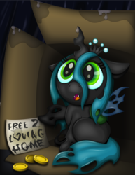 Size: 2550x3300 | Tagged: safe, artist:thebubbleqat, queen chrysalis, changeling, changeling queen, nymph, g4, :o, bits, box, bronybait, changeling in a box, cute, cutealis, fangs, female, heart, high res, looking up, pointing, rain, sitting, solo, wet