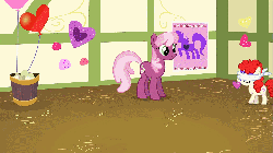 Size: 960x540 | Tagged: safe, edit, edited screencap, screencap, cheerilee, sweetie belle, twist, g4, hearts and hooves day (episode), animated, blindfold, blood, female, hearts and hooves day, pin the heart on the pony, ponyville schoolhouse, school