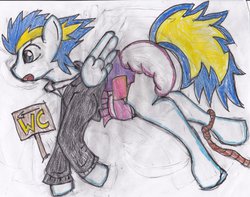 Size: 1024x805 | Tagged: safe, artist:cuddlelamb, oc, oc only, oc:holly night, pegasus, pony, clothes, diaper, drawing, jacket, mane, non-baby in diaper, poofy diaper, rope, sign, solo, tail, tied, traditional art, white pony
