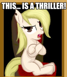 Size: 268x307 | Tagged: safe, artist:woox, oc, oc only, oc:dizzy cream, bat pony, pony, image macro, meme, solo, thriller (tv series)