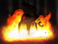 Size: 2048x1536 | Tagged: dead source, safe, artist:spaghettidolphin, nightmare star, princess celestia, alicorn, pony, g4, angry, badass, dark, female, fire, glowing, glowing eyes, mane of fire, prime celestia, rage, solo, spread wings