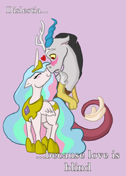 Size: 1500x2100 | Tagged: safe, artist:abaikgirl, discord, princess celestia, g4, blushing, boop, eyes closed, female, floppy ears, male, noseboop, nuzzling, ship:dislestia, shipping, smiling, straight, surprised, wide eyes