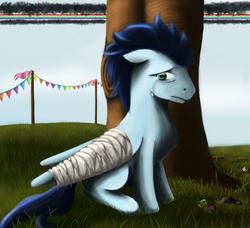 Size: 936x853 | Tagged: safe, artist:suulixs, soarin', g4, rainbow falls, bandage, crying, injured, male, sad, sitting, solo