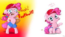 Size: 4200x2400 | Tagged: safe, artist:captainpudgemuffin, pinkie pie, g4, american football, backwards ballcap, baseball cap, clothes, dialogue, female, hat, shorts, solo