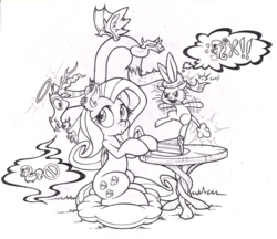 Size: 800x690 | Tagged: safe, artist:dfectivedvice, angel bunny, fluttershy, g4, cake, food, grayscale, halo, lineart, magic, monochrome, pet, pictogram, prehensile tail, shoulder consciences, sitting, suspended, table, teasing, traditional art