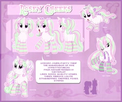 Size: 977x817 | Tagged: safe, artist:centchi, oc, oc only, oc:rosey cheeks, pony, unicorn, clothes, reference sheet, socks, solo, striped socks