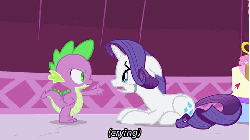 Size: 480x270 | Tagged: safe, screencap, rarity, spike, trenderhoof, dragon, pony, unicorn, g4, season 4, simple ways, animated, aside glance, breaking the fourth wall, crossed arms, crying, duo, duo male and female, female, floppy ears, fourth wall, friendzone, frown, gif, irony, looking at you, male, marshmelodrama, poster, raised eyebrow, running makeup, sad, sitting, spike is not amused, stalker shrine, subtitles, talking, unamused, you don't say