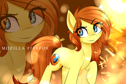 Size: 2200x1466 | Tagged: safe, artist:sugarberry, oc, oc only, oc:firefox, pony, browser ponies, eye clipping through hair, eyebrows, eyebrows visible through hair, firefox, ponified, raised hoof, smiling, solo, text