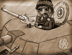 Size: 1650x1275 | Tagged: safe, artist:silentbutbeardly, granny smith, earth pony, pony, g4, bandana, cigar, clothes, female, gun, helmet, machine gun, monochrome, old photo, solo, tank (vehicle), uniform, young granny smith