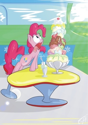 Size: 1518x2150 | Tagged: safe, artist:s4vin, pinkie pie, g4, eyes on the prize, female, food, ice cream, solo, sundae, table, this will end in weight gain
