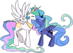 Size: 952x697 | Tagged: safe, artist:ambunny, princess celestia, princess luna, g4, blushing, boop, eyes closed, happy, missing accessory, noseboop, nuzzling, s1 luna, simple background, smiling, spread wings