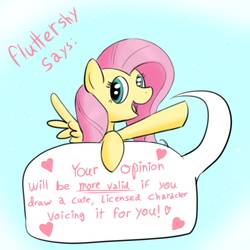 Size: 500x500 | Tagged: artist needed, source needed, safe, fluttershy, g4, female, heart, leaning, looking at you, mouthpiece, open mouth, parody, pointing, smiling, solo, speech bubble, truth