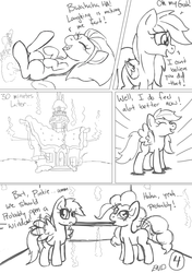 Size: 1764x2508 | Tagged: safe, artist:kyokimute, pinkie pie, rainbow dash, comic:after the pie eating contest, g4, comic, fart, monochrome