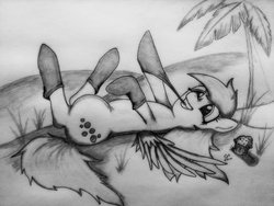 Size: 1024x768 | Tagged: safe, artist:corvostawr, derpy hooves, pegasus, pony, g4, clothes, cute, female, grin, island, legs in air, mare, monochrome, mouth hold, muffin, on back, smiling, socks, solo, spread wings