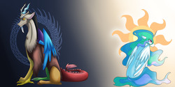 Size: 2000x1000 | Tagged: safe, artist:yuko-moony, discord, princess celestia, g4