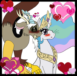 Size: 1929x1904 | Tagged: dead source, safe, artist:chibi-n92, discord, princess celestia, alicorn, draconequus, pony, g4, :o, affection, blushing, crown, cute, cutelestia, discute, eyes closed, female, folded wings, heart, jewelry, male, mare, necklace, nuzzling, regalia, ship:dislestia, shipping, sitting, smiling, straight, surprised, wings