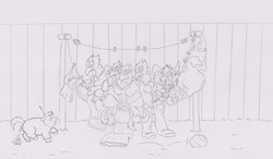 Size: 1500x878 | Tagged: safe, artist:santanon, fluffy pony, griffon, clothes line, impending doom, monochrome, wrong neighborhood