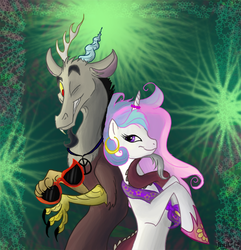 Size: 635x660 | Tagged: safe, artist:jaylacinechiboa, discord, princess celestia, g4, earring, female, grin, horn, horn ring, looking at you, male, neckerchief, seduction, ship:dislestia, shipping, smiling, straight, sunglasses, tail seduce, wink