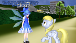 Size: 1280x720 | Tagged: safe, artist:php74, derpy hooves, fairy, pegasus, pony, g4, 3d, butt, cirno, clothes, crossover, dialogue, dress, eye contact, female, looking at each other, looking down, looking up, mare, mmd, plot, raised hoof, sad, text, touhou, tree, ⑨