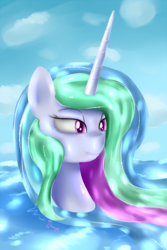 Size: 1120x1680 | Tagged: dead source, safe, artist:shamanguli, princess celestia, g4, female, solo, water, wet mane