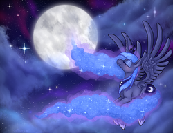 Size: 962x743 | Tagged: safe, artist:ambunny, princess luna, g4, cloud, cloudy, eyes closed, female, full moon, moon, night, solo, spread wings, windswept mane