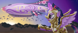 Size: 3500x1508 | Tagged: safe, artist:iisaw, twilight sparkle, alicorn, pony, g4, airship, armor, barding, boots, chamfron, clothes, coronet (object), couteau, cowter, crest (helmet), criniere, croupiere, cuisse, female, flanchards, gardequeue, glossary, gorget, helmet, knee pads, mare, pauldrant, pauldron, peytral, pixiv, poleyn, raised hoof, rerebrace, rerebrant, sabaton (armor), saddle, shoes, shoulder guard, shoulder pads, solo, tack, text, twilight sparkle (alicorn), vambrant, war