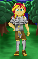 Size: 1024x1553 | Tagged: safe, artist:midnightpremiere, sunset shimmer, anthro, equestria girls, g4, armor, female, forest, legionary, roman, solo