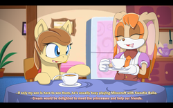 Size: 1280x800 | Tagged: safe, artist:fuzon-s, oc, oc:cream heart, earth pony, pony, anime, crossover, earth pony oc, female, mare, smiling, sonic the hedgehog (series), subtitles, table, tea, teacup, vanilla the rabbit