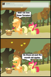 Size: 1047x1572 | Tagged: safe, artist:bronybyexception, apple bloom, applejack, earth pony, pony, ask honest applejack, g4, comic, pointy ponies, silly, silly pony, that pony sure does love apples, tomato, who's a silly pony