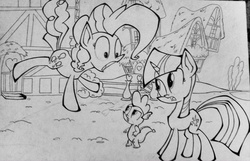 Size: 1996x1284 | Tagged: safe, artist:pelate, pinkie pie, spike, twilight sparkle, friendship is magic, g4, grayscale, lineart, monochrome, pinkie pie and twilight sparkle first meeting, scene interpretation, traditional art, wip