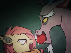 Size: 600x450 | Tagged: safe, artist:raichi, discord, fluttershy, bat pony, draconequus, vampire bat pony, g4, apple, fangs, female, flutterbat, food, male, mare, mouth hold, pixiv, spiky mane, taunting