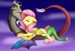 Size: 1151x782 | Tagged: safe, artist:pup--cakesart, discord, fluttershy, g4, female, male, ship:discoshy, shipping, straight