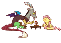 Size: 900x636 | Tagged: safe, artist:pastelpallette, discord, fluttershy, draconequus, pegasus, pony, g4, cake, female, male, mare, ship:discoshy, shipping, simple background, straight, tea, tea party, teacup, transparent background
