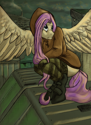 Size: 500x688 | Tagged: safe, artist:pseudosharp, fluttershy, anthro, g4, clothes, crying, female, hoodie, solo, urban